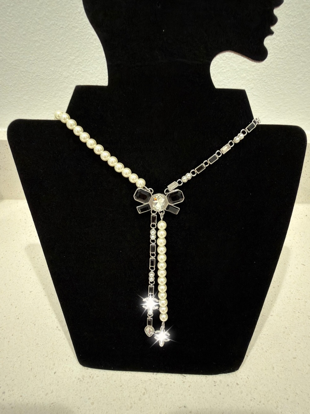 Pearl & Crystal Drop Y Necklace - Ivory Pearls with Silver Accents